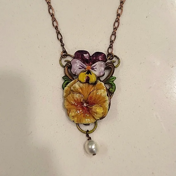 SOLD !! β¨ Vintage Copper Necklace with Handpainted Pendant β¨ - Picture 1 of 4